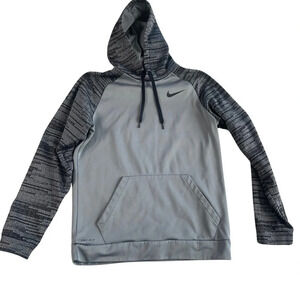 NIKE Gray SWEATSHIRT Hoodie Black Swoosh Logo Hood & Sleeves mens size Medium